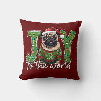 Joy To The World Pug Christmas Santa  Throw Pillow