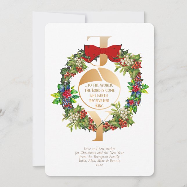 Joy To The World Quote Elegant Christmas Wreath Holiday Card (Front)