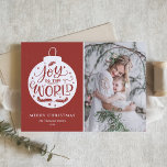 Joy To The World Quote Red Photo Merry Christmas Holiday Card<br><div class="desc">Whimsical and rustic Christmas photo card for your family and friends. It features a rustic holiday ornament,  "Joy to the World" modern calligraphy quote with snow accents and red background. Personalize by adding a photo,  name,  year and other details. This hand-lettered Christmas card is available in other cardstock.</div>