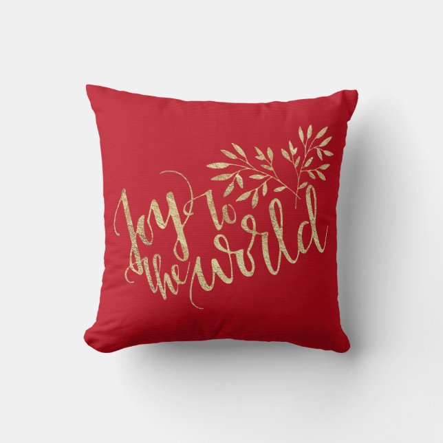 Joy To The World - Red and Gold - Christmas Throw Pillow (Front)