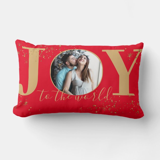 Joy to the World Red and Gold Glittery Photo Lumbar Pillow (Front)
