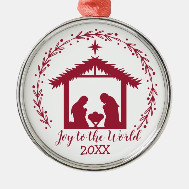 Joy to the World Red Nativity Metal Ornament (Front)