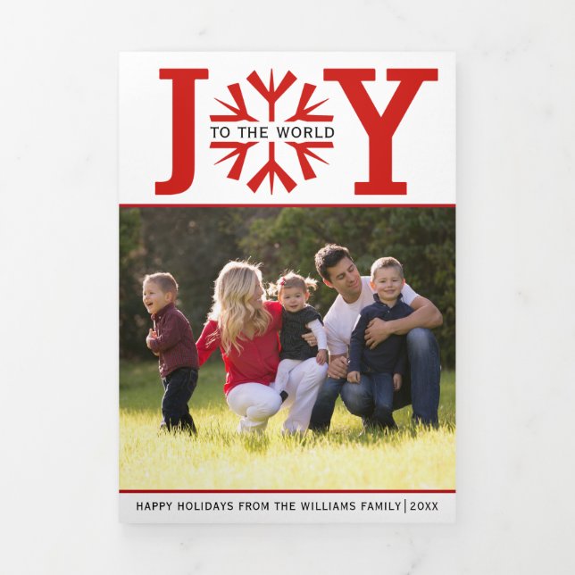 Joy to the world red snowflake Christmas Tri-Fold Holiday Card (Cover)