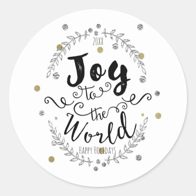 Joy to the World Rustic Silver Gold Holiday Classic Round Sticker (Front)