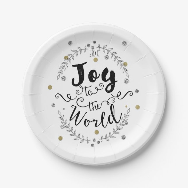 Joy to the World Rustic Silver Gold Holiday Party Paper Plate (Front)
