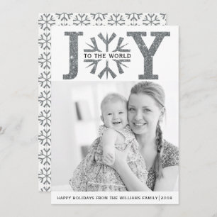 Joy to the world silver grey snowflake Christmas Holiday Card