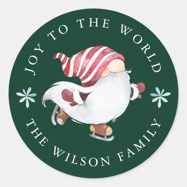 Joy to the World Skating Nisse Gnome Classic Round Sticker (Front)