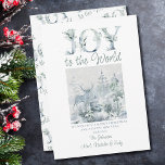 Joy to the World Snow Forest Decorative Typography Holiday Card<br><div class="desc">Personalized watercolor snowy forest christmas card with decorative lettering in soft shades of blue and green. Wording reads "Joy to the World" and you can personalize the remaining text with your own festive greeting and name(s). Subtle and elegant watercolor design with ornate typography.</div>