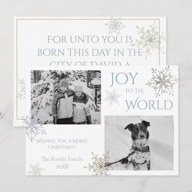 Joy to the World Snowflake Two Photo Christmas Holiday Card (Front/Back)