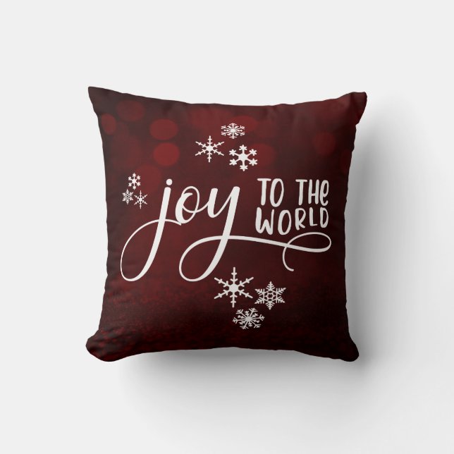 Joy to the World Typography and Snowflakes Throw Pillow (Front)
