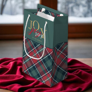 Joy to the World Typography Rustic Plaid Small Gift Bag