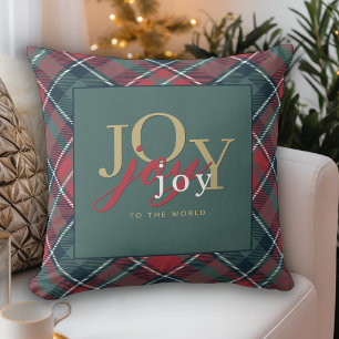 Joy to the World Typography Rustic Plaid Throw Pillow