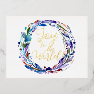 Joy to the World Watercolor Wreath Real Foil Holiday Postcard