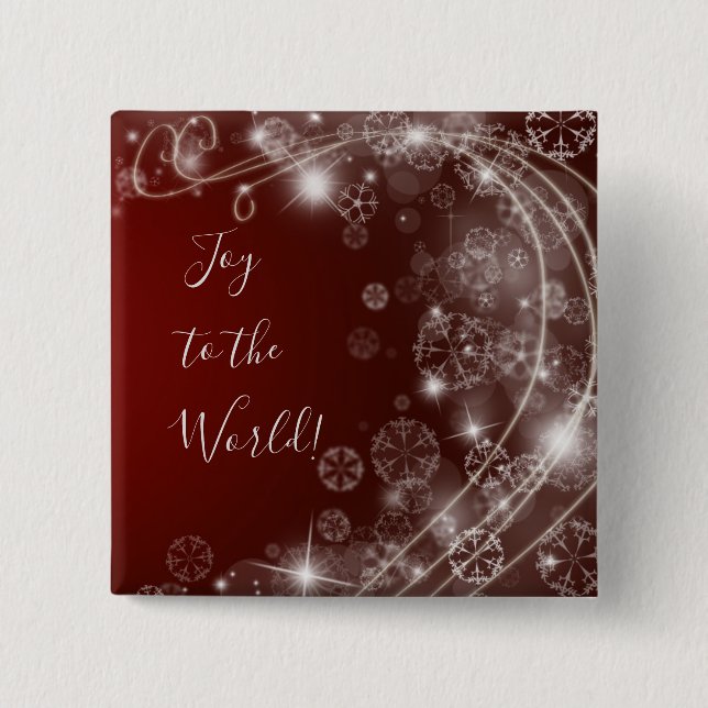 Joy to the World with White Snowflakes on Red 2 Inch Square Button (Front)