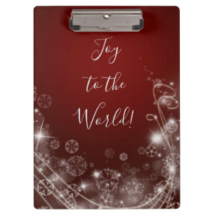 Joy to the World with White Snowflakes on Red Clipboard