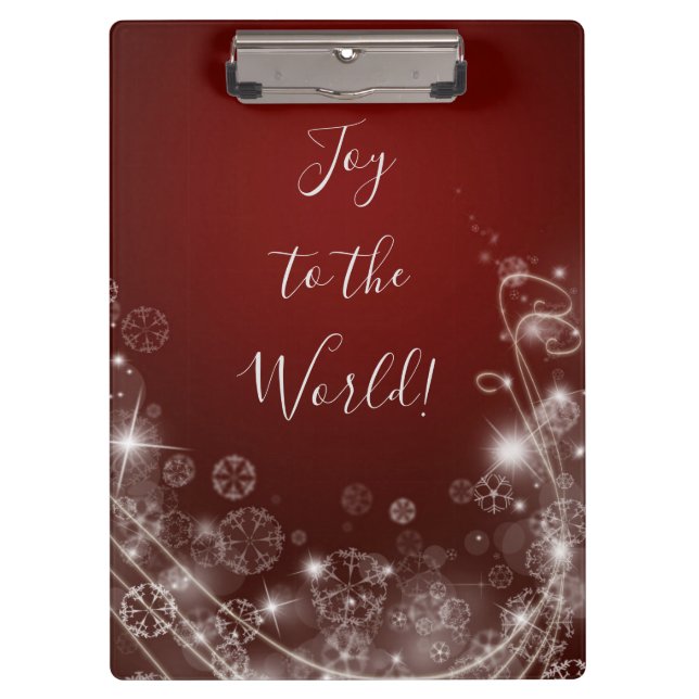 Joy to the World with White Snowflakes on Red Clipboard (Front)