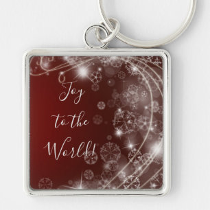 Joy to the World with White Snowflakes on Red Keychain
