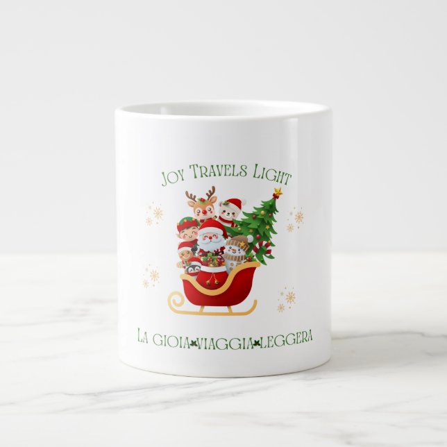 Joy Travels Light – Bilingual Holiday Sleigh  Large Coffee Mug (Front)
