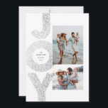Joy two photo Christmas faux silver speckle modern Holiday Card<br><div class="desc">A festive flurry JOY in faux silver frames two photos on this unique Christmas card. Perfect for sending holiday greetings to family and friends, it features a vertical and a horizontal photo on a white background. The back of the card is a coordinating grey speckled with a matching white snow...</div>