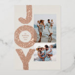 Joy two photo speckle rose gold modern Christmas Foil Holiday Card<br><div class="desc">A festive flurry JOY in rose gold frames two photos on this unique Christmas card. Perfect for sending holiday greetings to family and friends,  it features a vertical and a horizontal photo on an off-white background. The back of the card is speckled with a coordinating white snow pattern.</div>