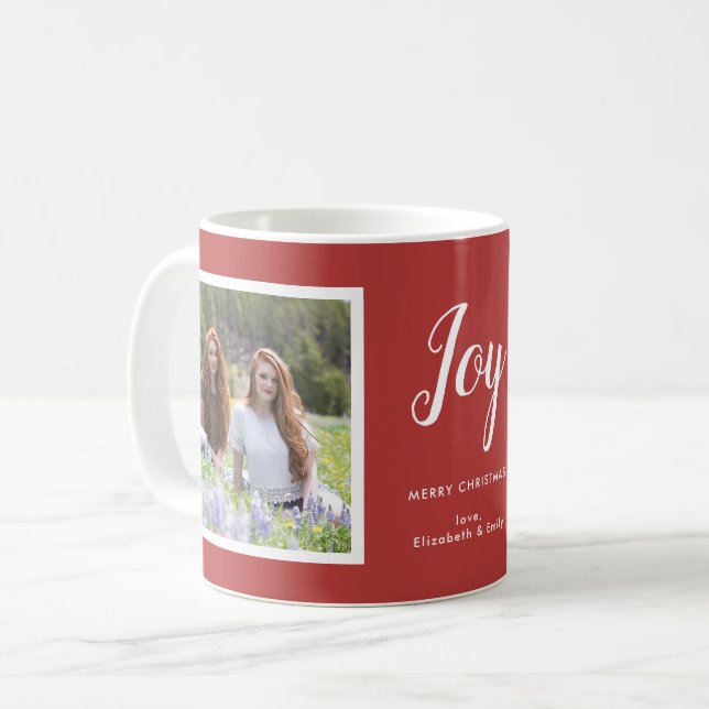 Joy | Two Photos Red Christmas Holiday Coffee Mug (Front Left)