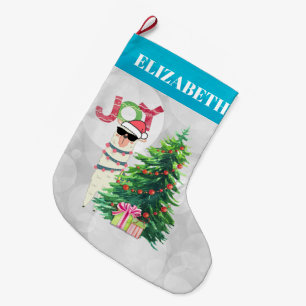 Joy Typography   Christmas Llama behind a Tree Large Christmas Stocking