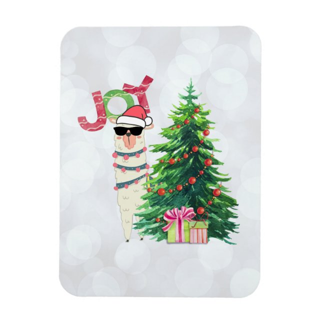 Joy Typography | Christmas Llama behind a Tree Magnet (Vertical)