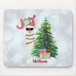Joy Typography Christmas Llama behind a Tree Mouse Pad