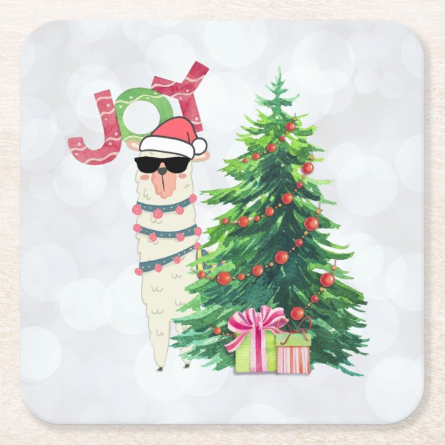 Joy Typography | Christmas Llama with Tree Square Paper Coaster (Front)