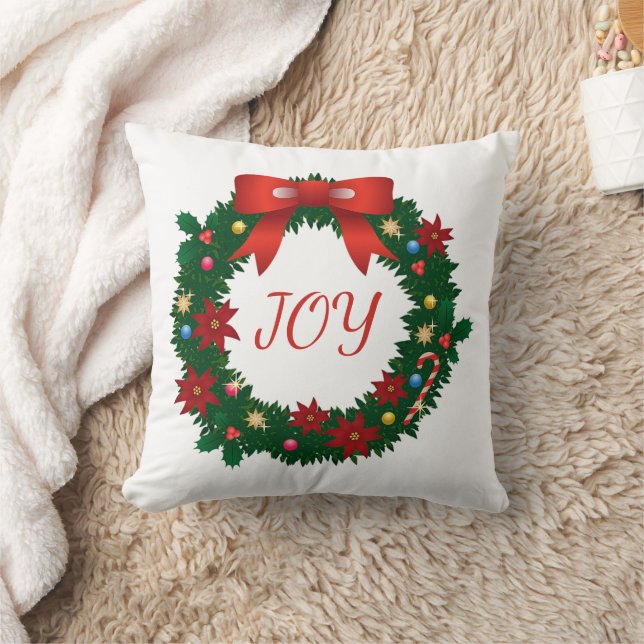 "Joy" Typography Christmas Wreath Throw Pillow (Blanket)