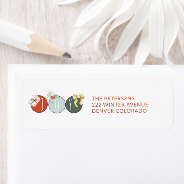 Joy typography colourful Christmas return address (Insitu)