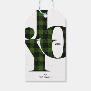 Joy Typography  Green Buffalo Plaid Holiday Gift Tags