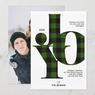 Joy Typography Green Buffalo Plaid Photo Holiday Invitation