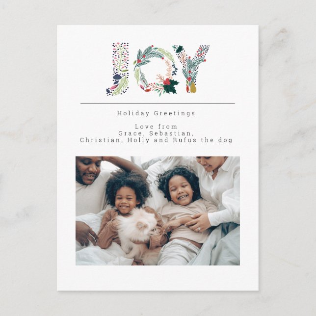 Joy Typography Holiday Greeting Photo Personalized Postcard (Front)