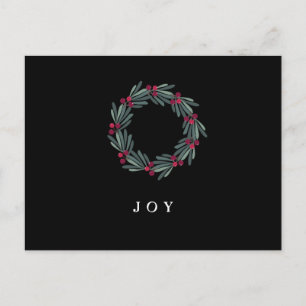 “JOY” Typography Holly Berry Wreath Holiday Postcard