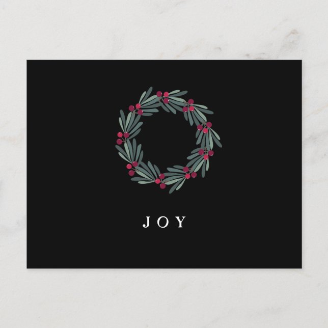 “JOY” Typography Holly Berry Wreath Holiday Postcard (Front)