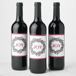 “JOY” Typography Holly Berry Wreath Red Wine Label