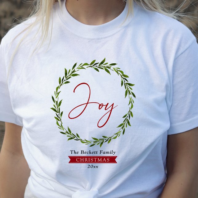 Joy Typography Script Christmas Wreath Holiday T-Shirt (Creator Uploaded)