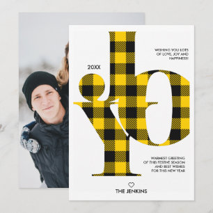 Joy Typography Yellow Buffalo Plaid  Photo Holiday Invitation