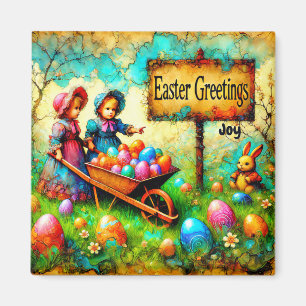 JOY ~ VINTAGE EASTER Girls ~ Easter Eggs Bunny ~ Magnet