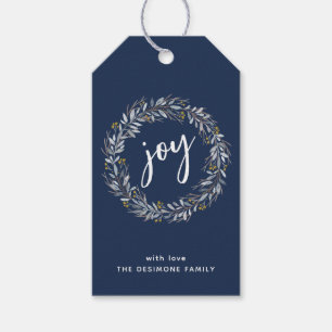 Joy Watercolor Botanical Wreath Christmas Blue Gift Tags
