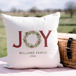 Joy Watercolor Christmas Wreath Family Name  Throw Pillow
