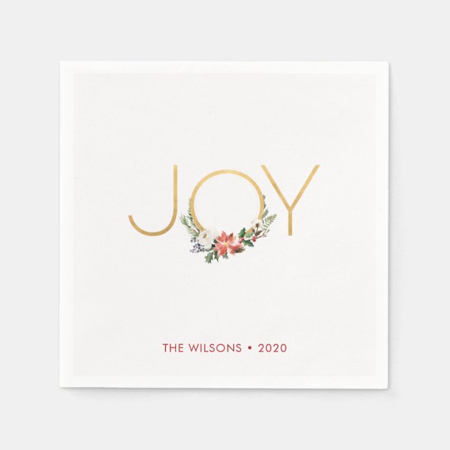 Joy Watercolor Floral with Gold | Christmas Napkin (Front)