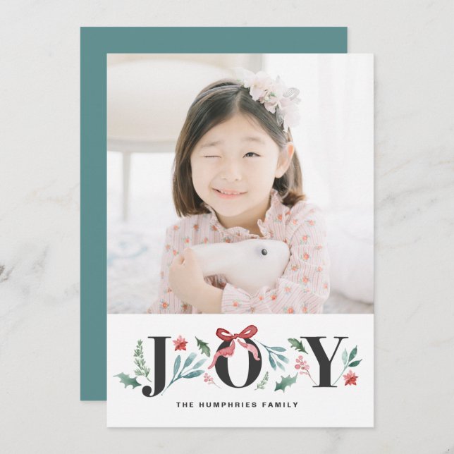 JOY Watercolor Holiday Foliage and Flowers Photo (Front/Back)
