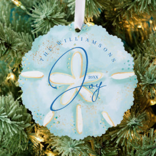 Joy Watercolor Ocean Sand Dollar Seashell Photo Ornament Card