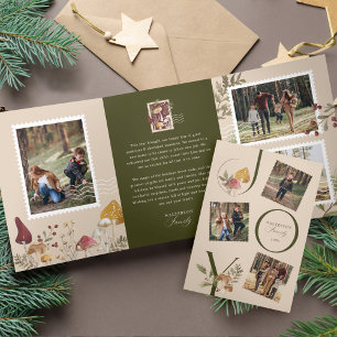 Joy Watercolor Woodsy Mushrooms Photo Gallery Tri-Fold Holiday Card