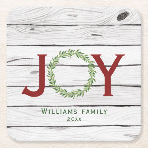 Joy Watercolor Wreath Family Christmas Square Paper Coaster