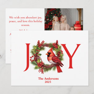Joy Watercolor Wreath with Red Cardinal   1 Photo  Holiday Card