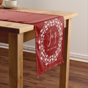 Joy White Holly Wreath Personalized Red Short Table Runner
