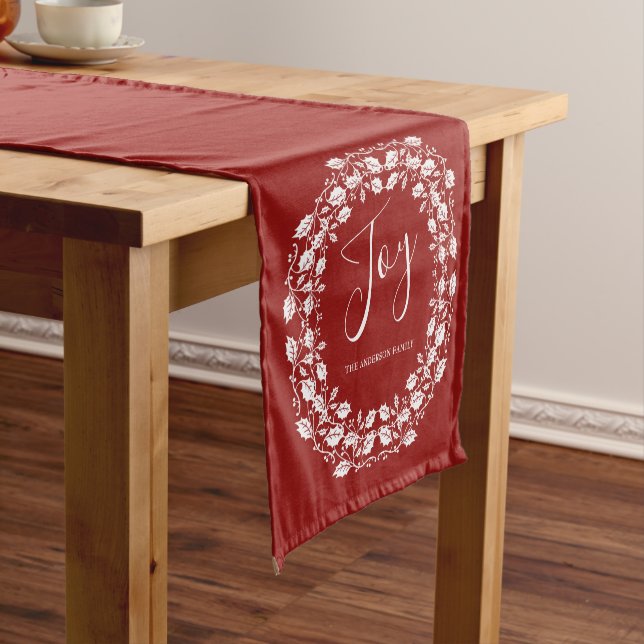 Joy White Holly Wreath Personalized Red Short Table Runner (In Situ)